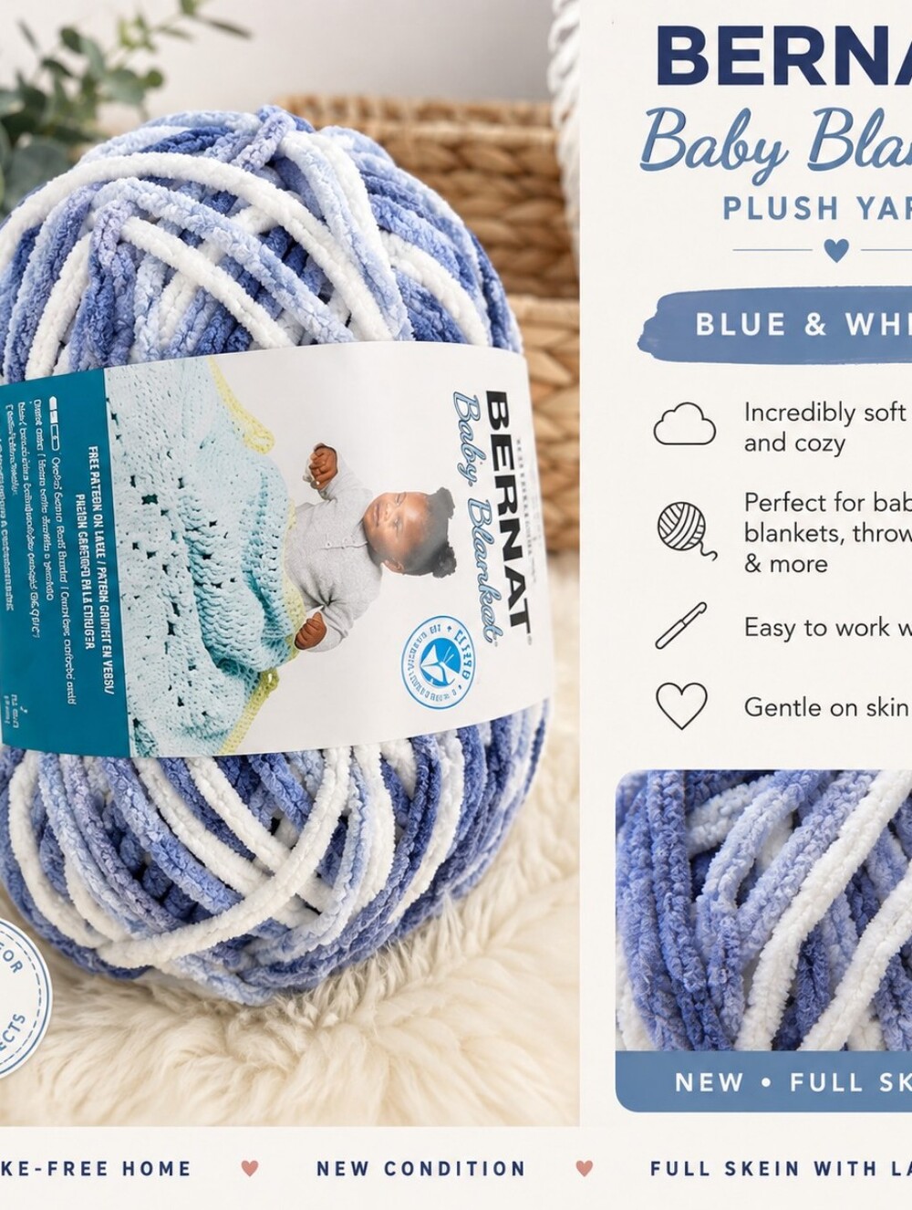 Bernat Baby Blanket Plush Yarn – Blue & White